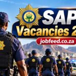 SAPS Vacancies 2027 recruitment banner featuring South African police officers and jobfeed.co.za branding