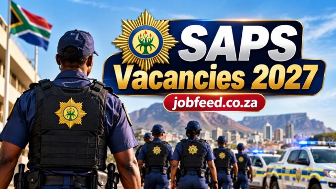 SAPS Vacancies 2027 recruitment banner featuring South African police officers and jobfeed.co.za branding