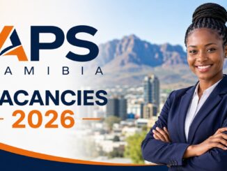 Professional business woman with APS Namibia Vacancies 2026 banner promoting the latest job opportunities in Windhoek, Walvis Bay, and across Namibia.