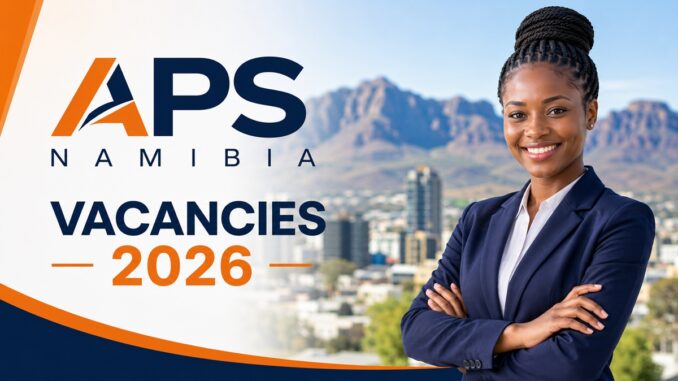 Professional business woman with APS Namibia Vacancies 2026 banner promoting the latest job opportunities in Windhoek, Walvis Bay, and across Namibia.