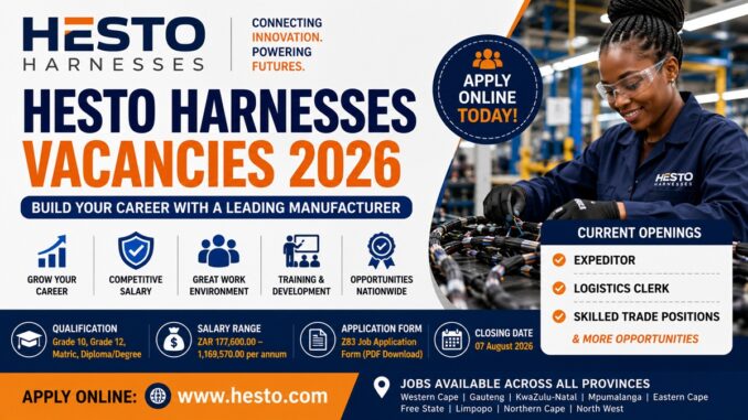 Hesto Harnesses Vacancies 2026 recruitment banner showing a manufacturing employee, factory production line, and career opportunities for Expeditor, Logistics Clerk, and skilled trade jobs in South Africa.